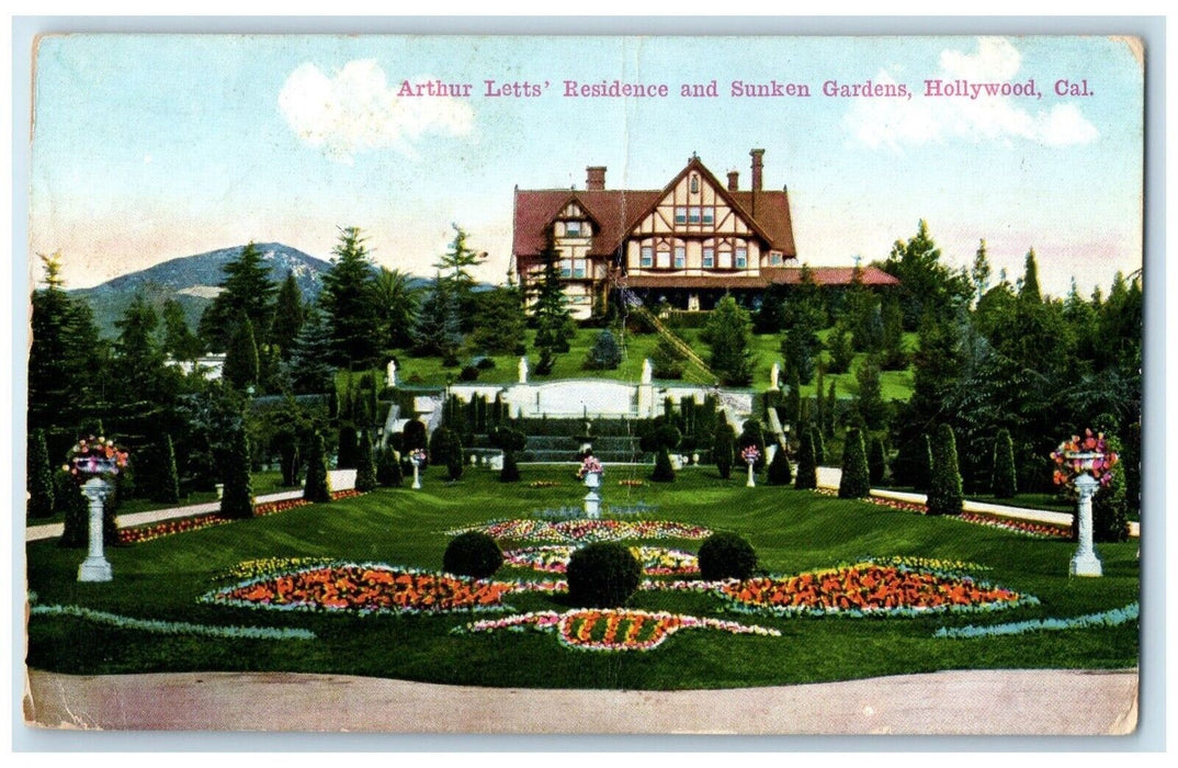 1914 Arthur Letts Residence And Sunken Gardens Hollywood California CA Postcard