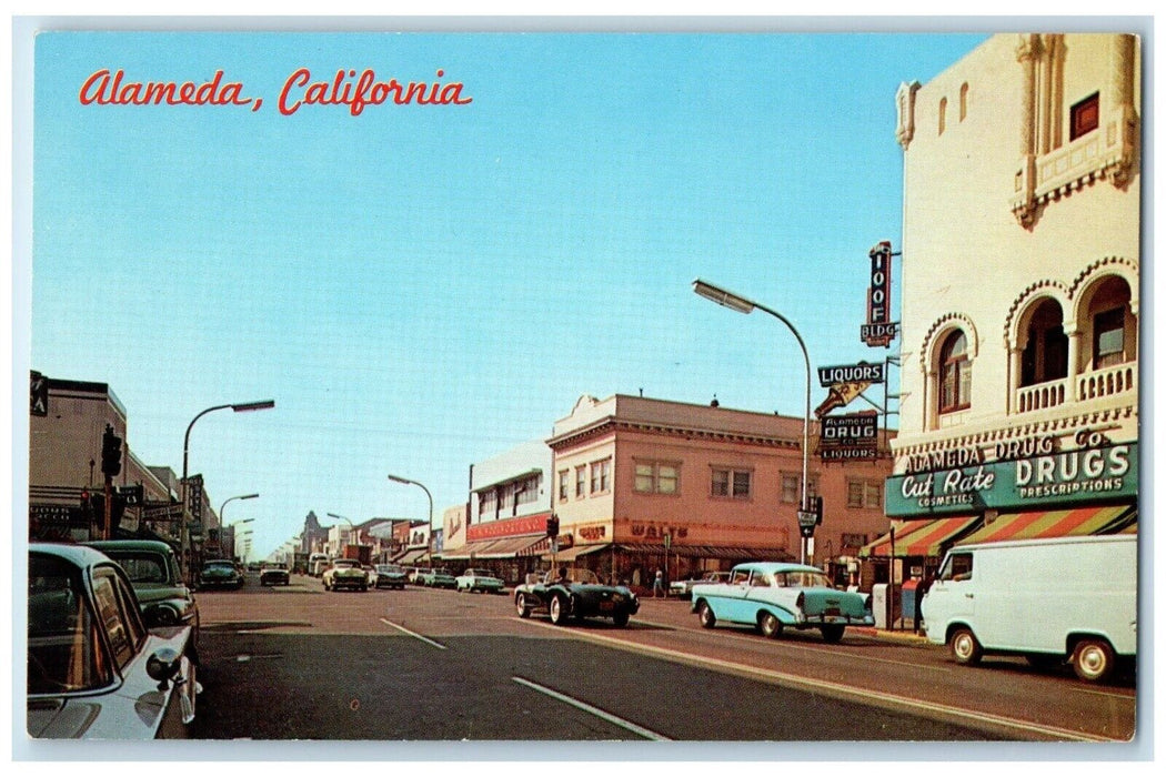 c1950's Park Street Drugs Store Liqours Cars Alameda California CA Postcard