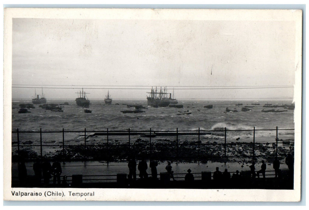 c1940's Valparaiso Temporal View of Sea Boats Chile RPPC Photo Vintage Postcard