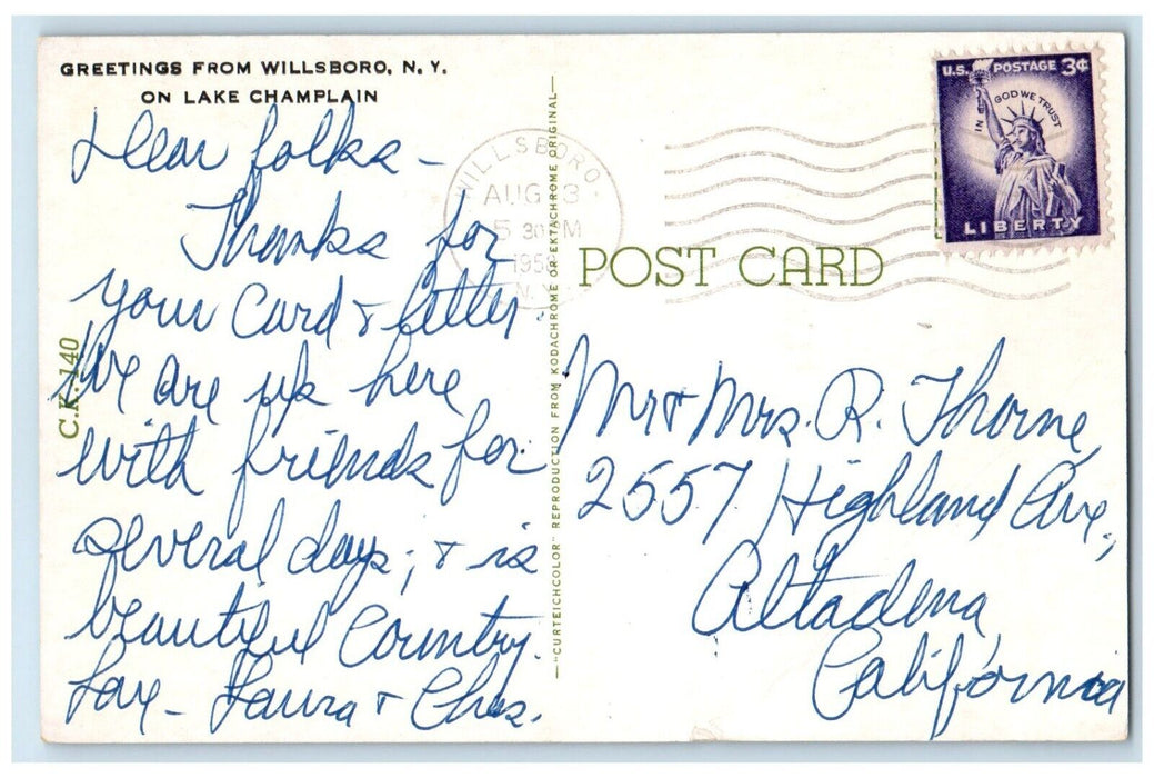 1958 Lake Champlain Trees Greetings From Willsboro New York NY Vintage Postcard