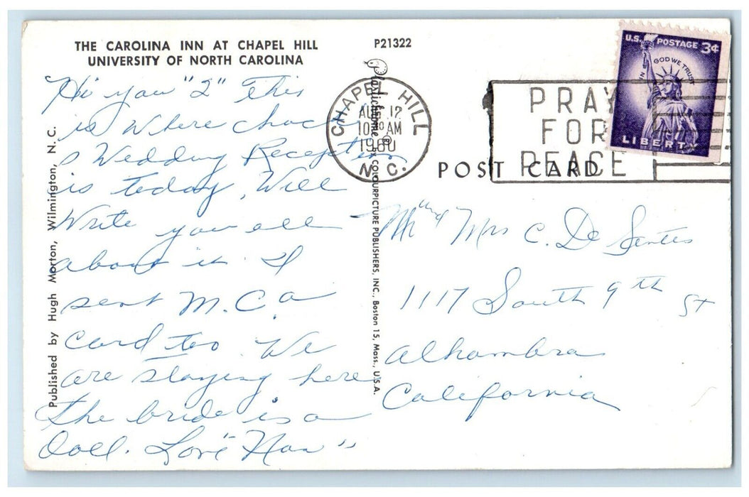 c1960 Exterior View Carolina Inn Chapel Hill University North Carolina Postcard