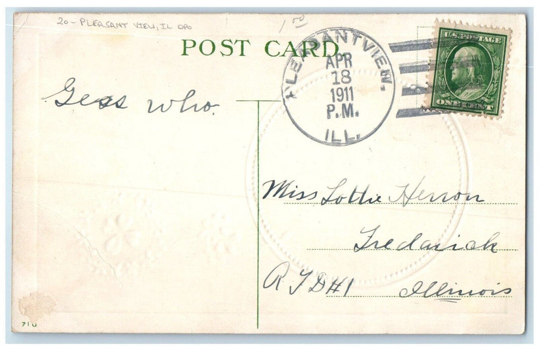 1911 Best Wishes Pleasant View Illinois IL To Frederick Duane Cancel Postcard