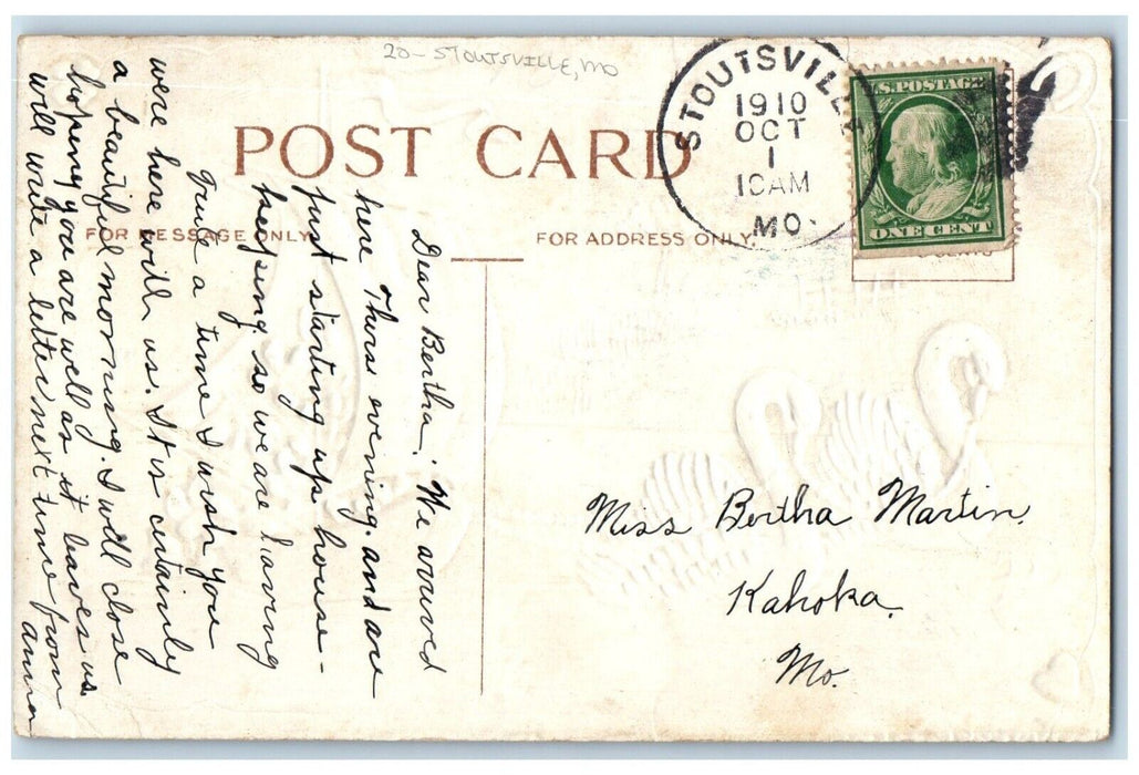 1910 Best Wishes Swan Boat Stoutsville Missouri To Kahoka 1 Cent Postcard