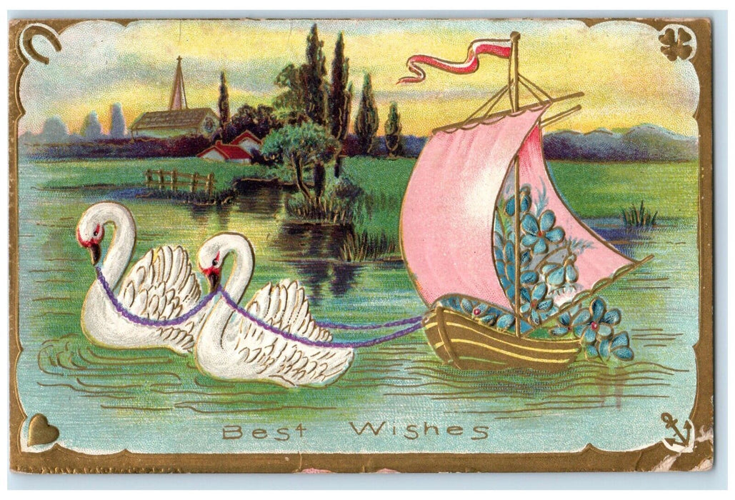 1910 Best Wishes Swan Boat Stoutsville Missouri To Kahoka 1 Cent Postcard