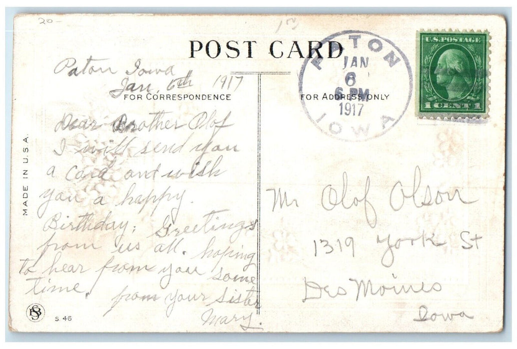 1917 Birthday Greetings Flowers Paton Iowa To Des Moines Duane Cancel Postcard