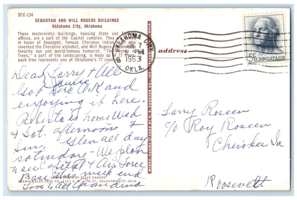 1963 Exterior View Sequoyah Will Rogers Building Oklahoma City Oklahoma Postcard