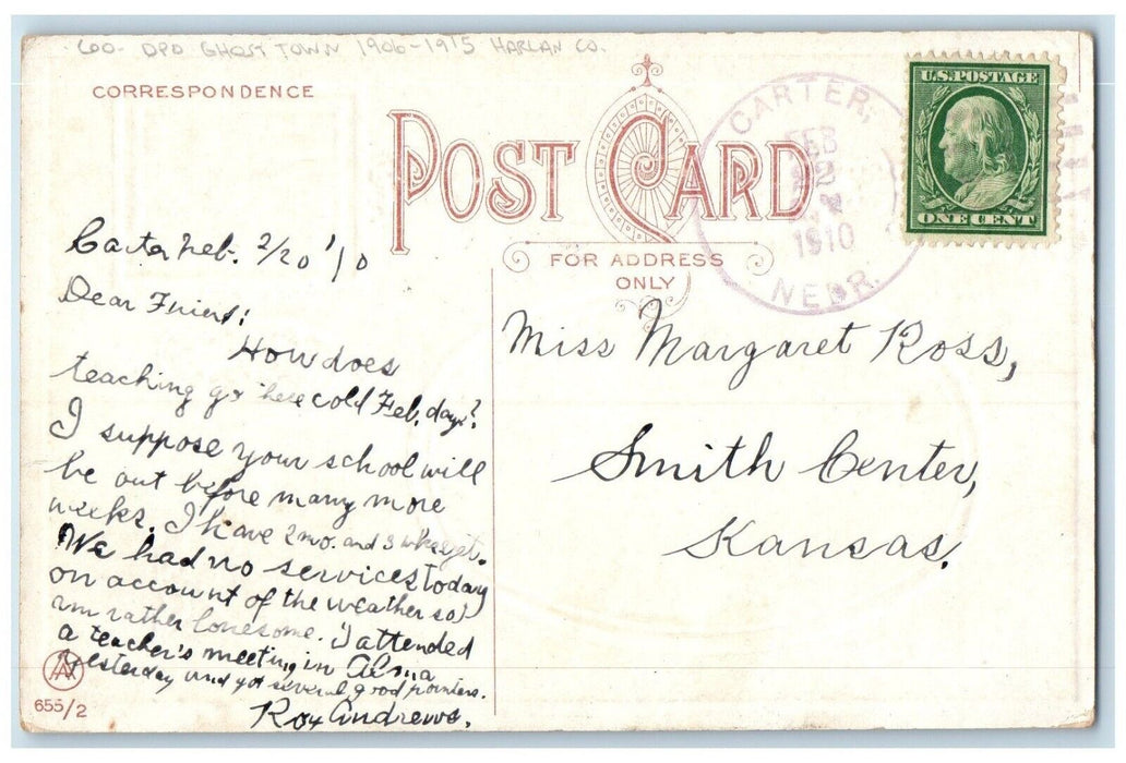 1910 Golden Days Carter Nebraska NE DPO Ghost Town 1906-1915 Harlan Co. Postcard