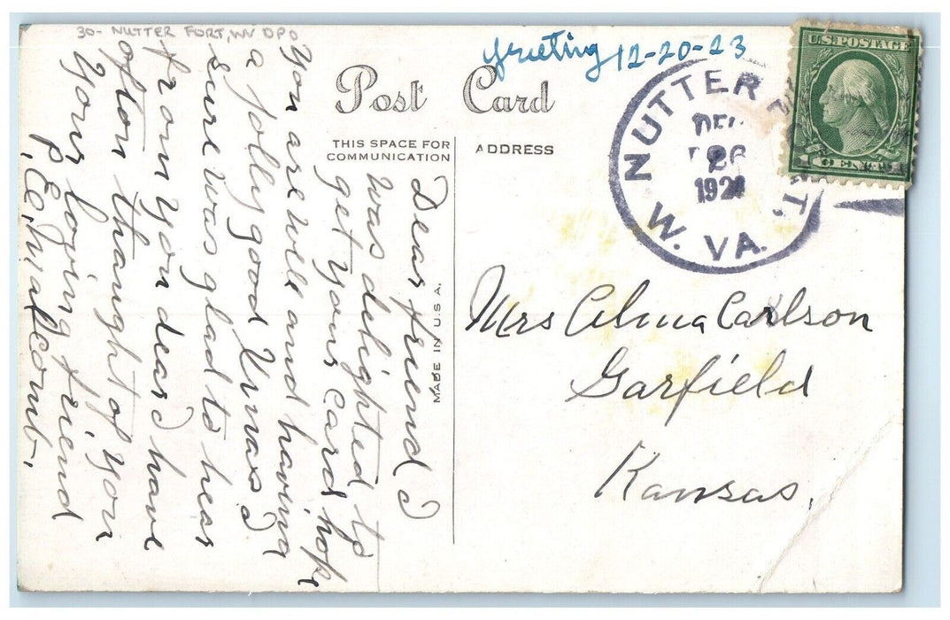 1923 Christmas Greeting Nutter Fort West Virginia WV Garfield Kansas KS Postcard