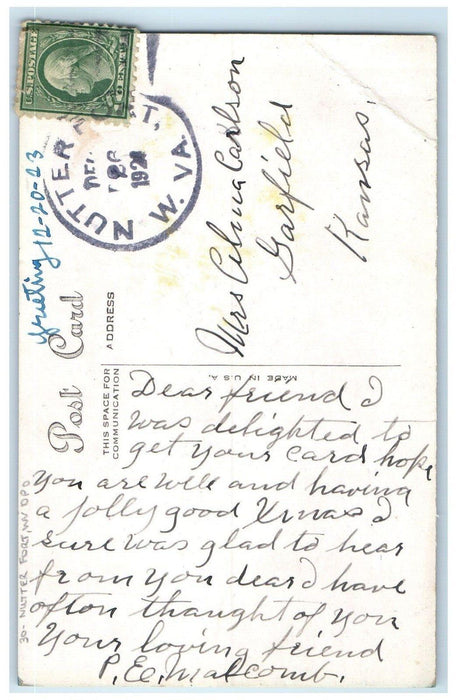 1923 Christmas Greeting Nutter Fort West Virginia WV Garfield Kansas KS Postcard