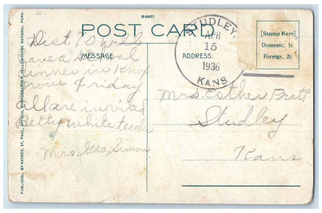 1936 Electric Peak Yellowstone Park Studley Kansas KS Postcard