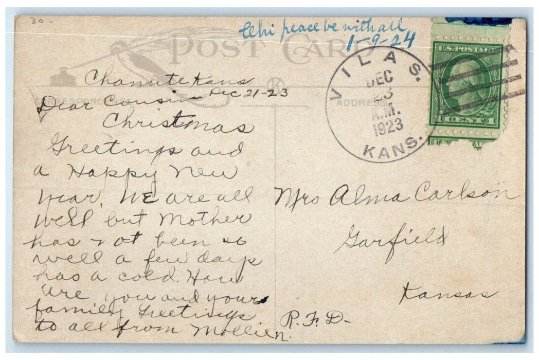 1923 Christmas Villas Kansas KS Garfield Kansas KS Duane Cancel 1 Cent Postcard