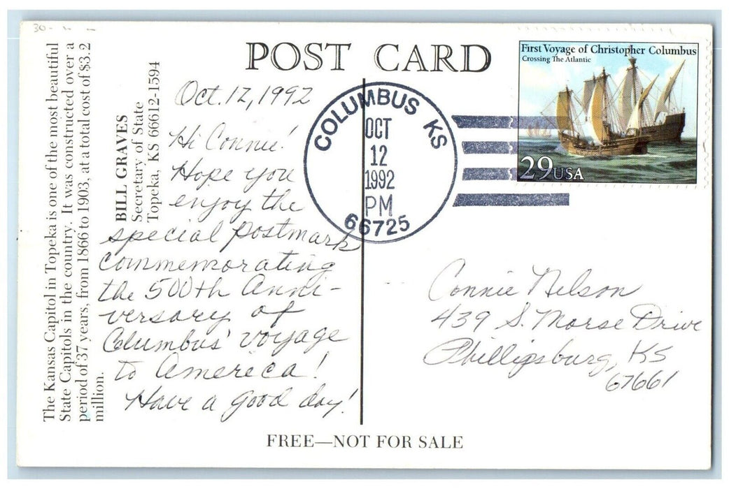 1992 Capitol In Topeka Columbus Kansas KS To Phillipsburg Duane Cancel Postcard