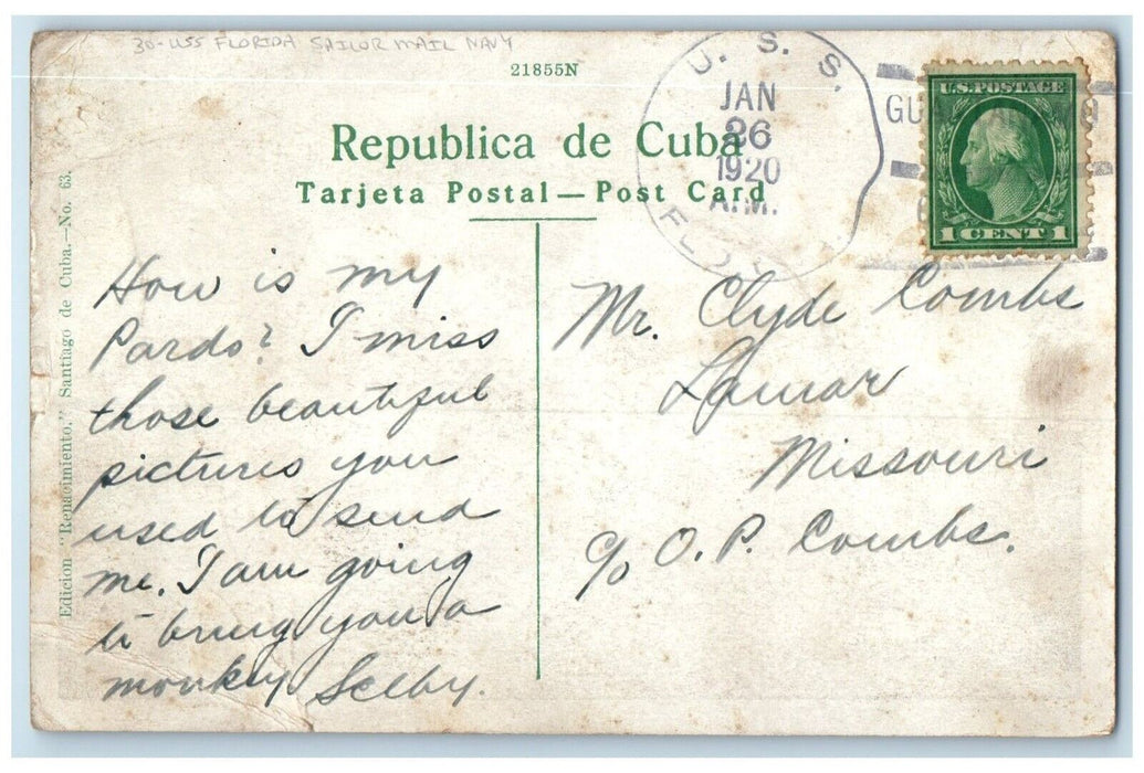 1920 USS Florida Sailor Mail Navy Lamar Missouri MO Duane Cancel Postcard