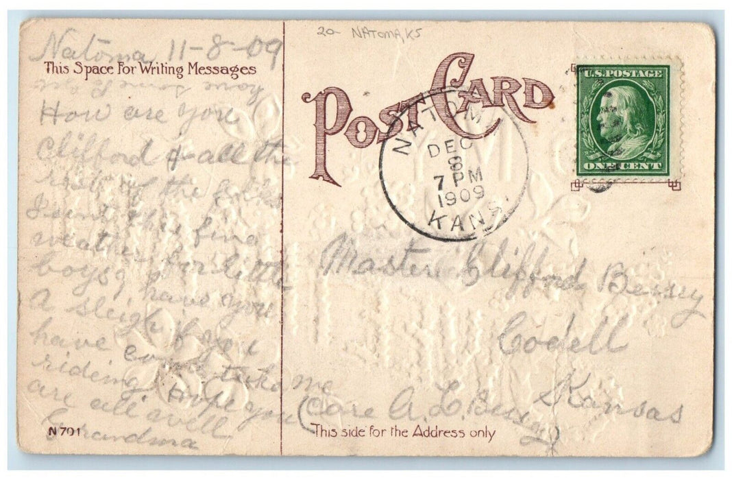 1909 To My Sweetheart Flowers Natoma Kansas KS To Codell Duplex Cancel Postcard