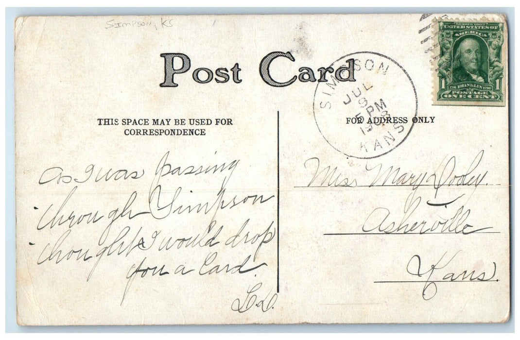 1908 Simpson Kansas KS To Asherville Duplex Cancel 1 Cent Postcard
