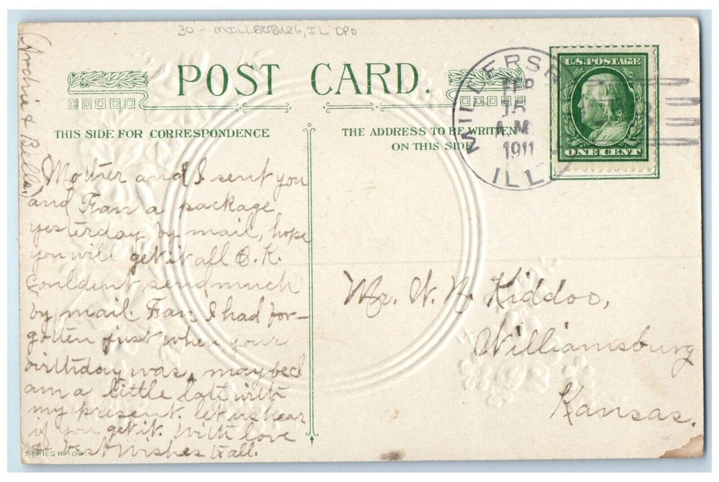 1911 Birthday Greeting Millersburg Illinois IL DPO Williamsburg KS Postcard