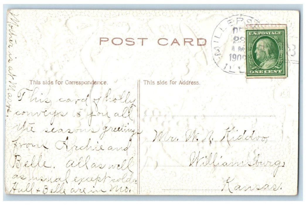 1909 Christmas Millersburg Illinois IL Williamsburg Kansas KS 1 Cent Postcard