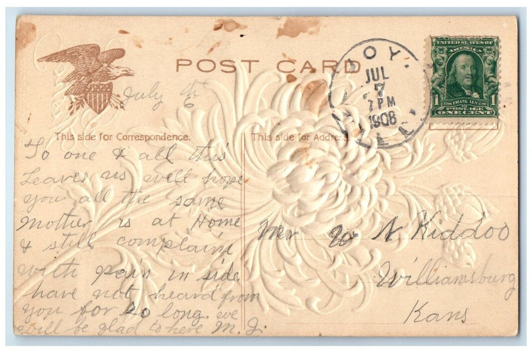 1908 Best Wishes Joy Illinois IL Williamsburg Kansas KS Duane Cancel Postcard