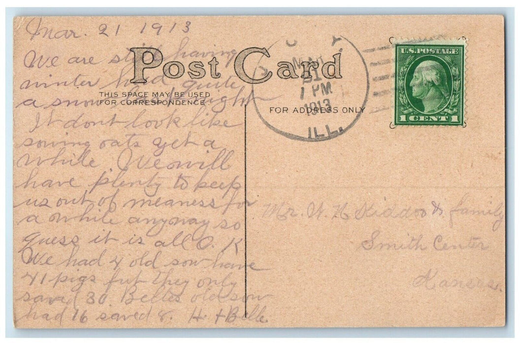 1913 Easter Joy Illinois IL Smith Center Kansas KS Duane Cancel 1 Cent Postcard