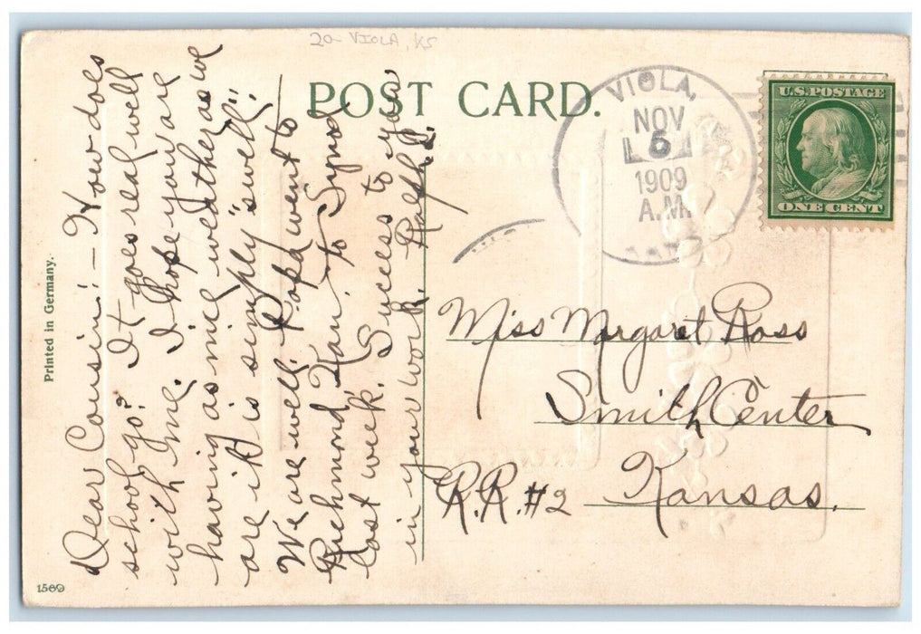 1909  Hearty Greetings Viola Kansas KS To Smith Center Duane Cancel Postcard