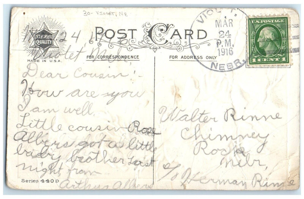 1916 Good Wishes Violet Nebraska NE To Chimney Rocks Duane Cancel Postcard
