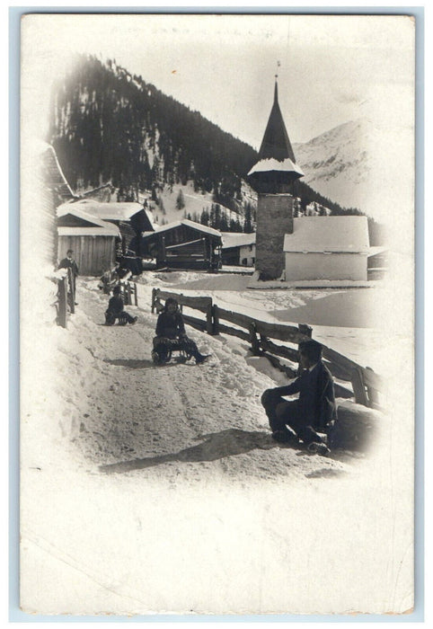c1950's Scene of People Sledding Monstein Switzerland RPPC Photo Postcard