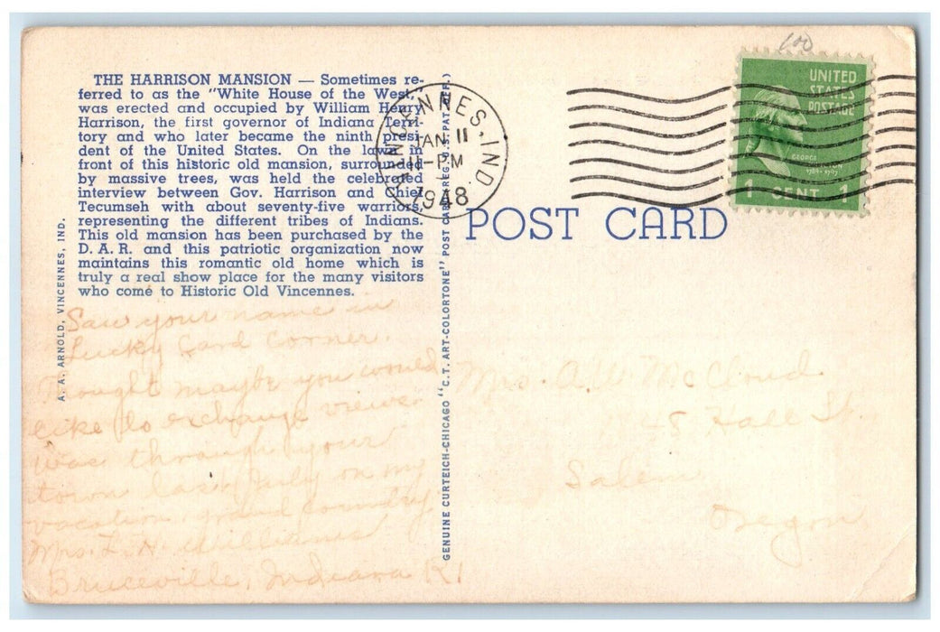 1948 Grouseland White House Gen. Harrison Lived Vincennes Indiana IN Postcard