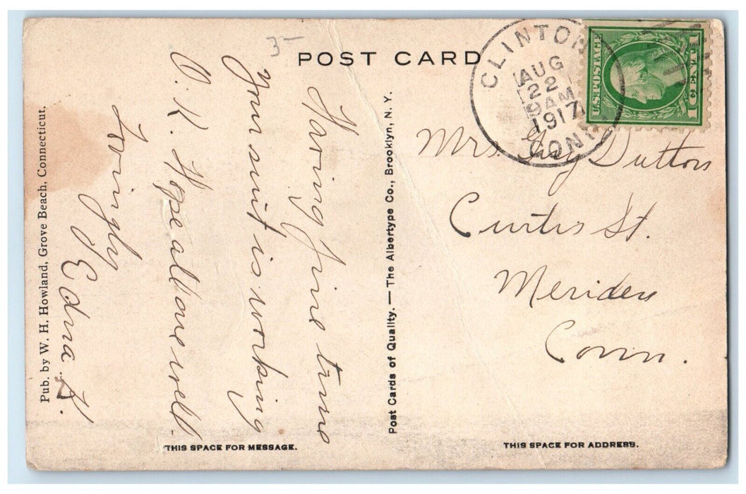 1917 Moonlight Scene Sailboat Grove Beach Connecticut CT Antique Postcard