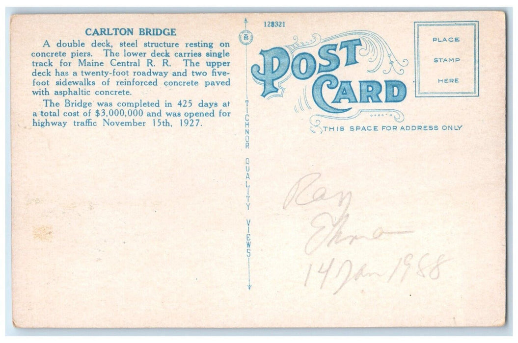 c1930's Approach To Carlton Bridge Bath Maine ME Posted Vintage Postcard