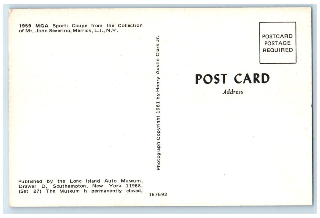 1959 MGA Sports Coupe From The Collection Car Merrick Long Island NY Postcard
