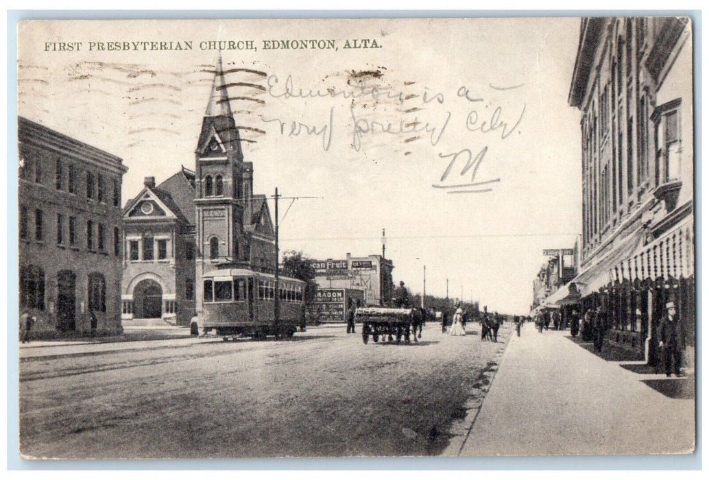 1912 First Presbyterian Church Edmonton Canada Trolley Car Posted Postcard