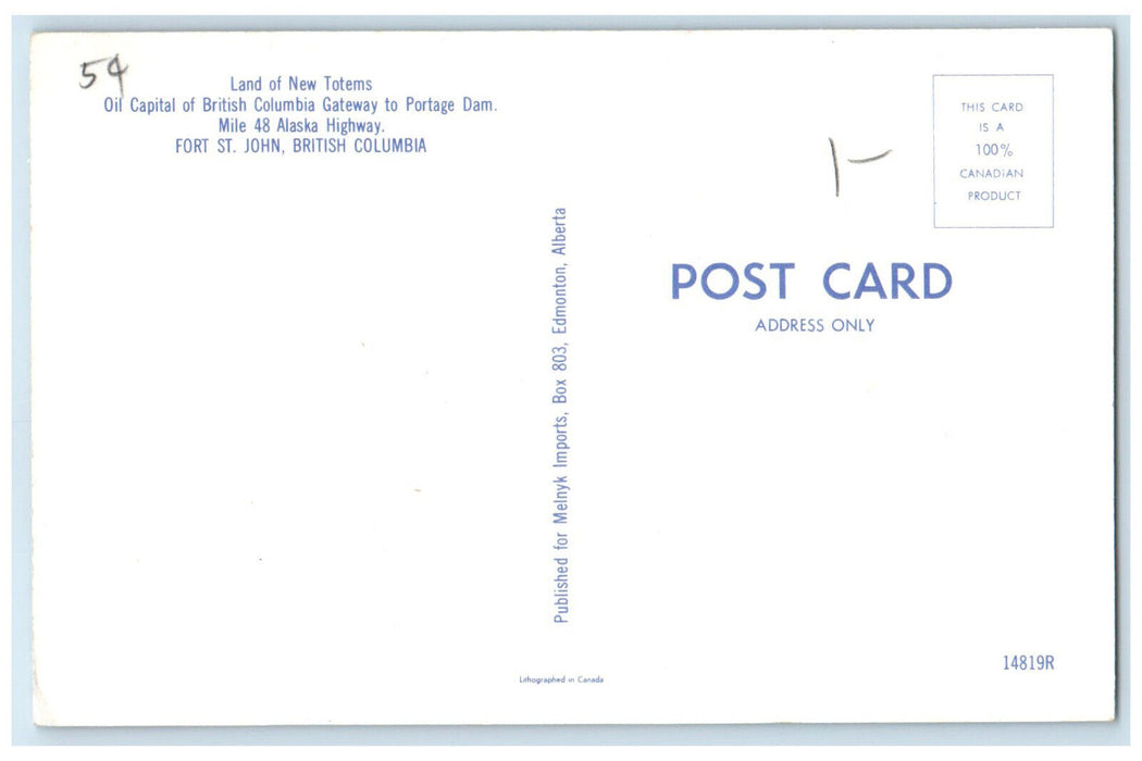 c1950's New Land of Totems Fort St. John British Columbia Canada Postcard