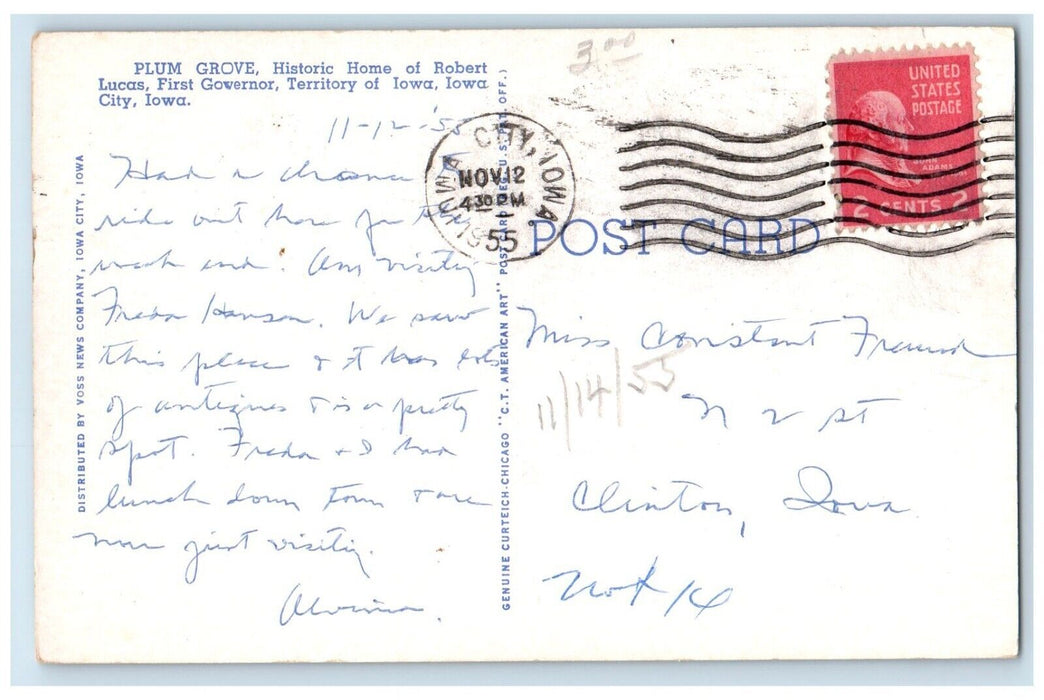 1955 Plum Grove Historic Home Robert Lucas Territory Iowa City Iowa IA Postcard