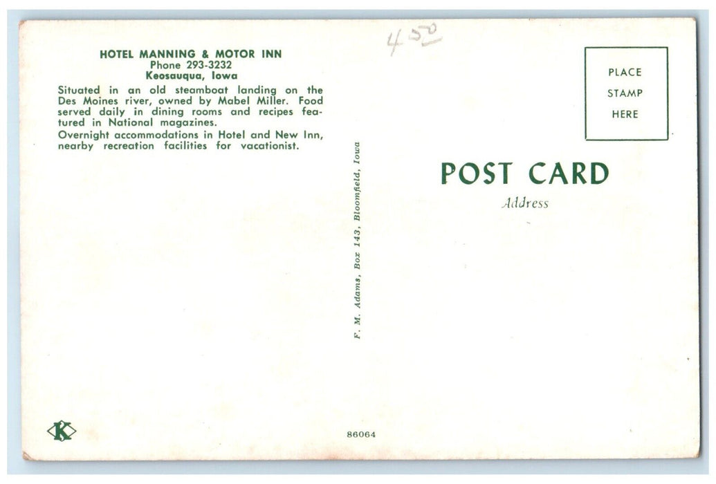 c1960 Hotel Manning Motor Inn Steamboat Des Moines River Keosauqua Iowa Postcard