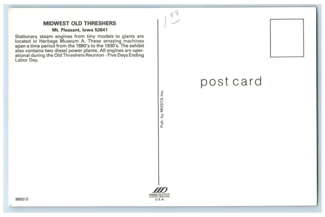 c1960 Midwest Old Treshers Stationary Steam Engines Mt. Pleasant Iowa Postcard