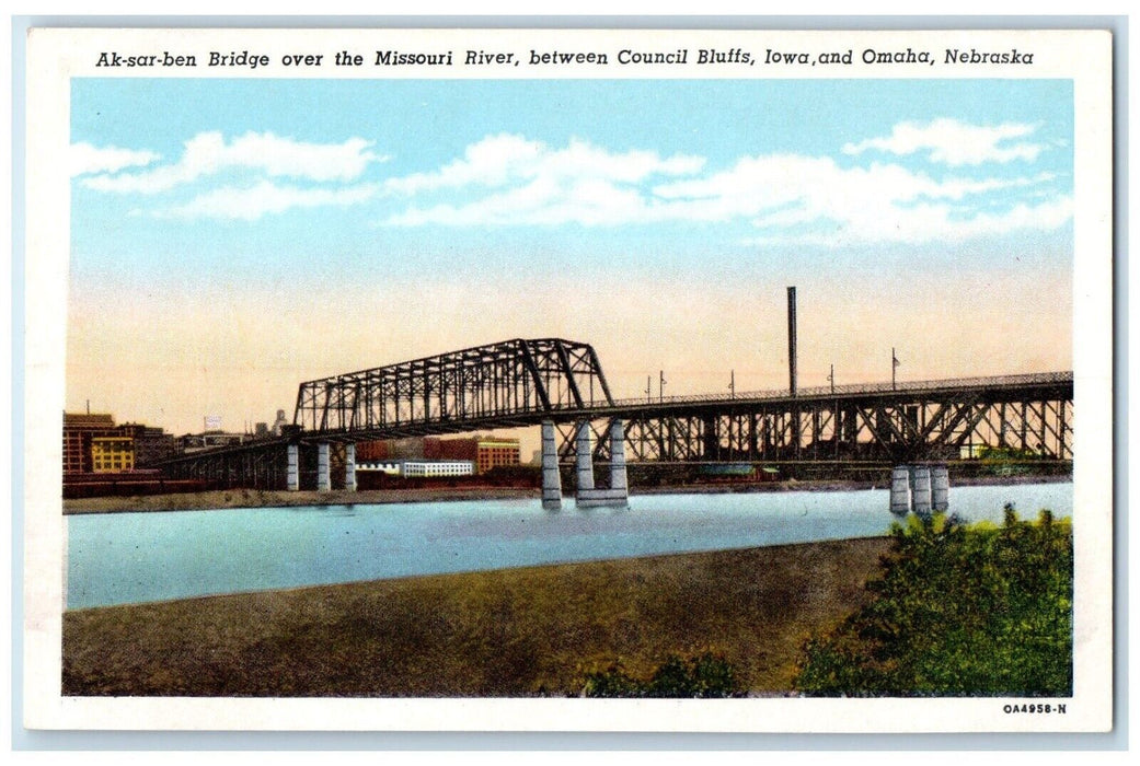 1920 Ak-sar-ben Bridge Missouri River Council Bluffs Iowa Omaha Nebrask Postcard