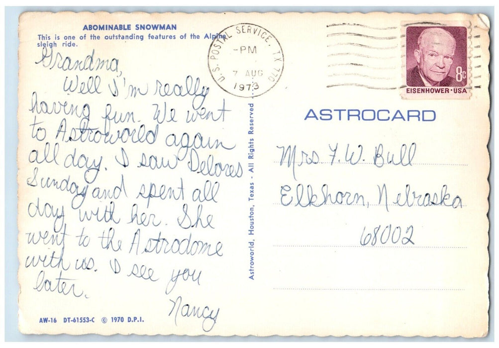 1973 Astroworld Abominable Snowman Sleigh Ride Houston Texas TX Vintage Postcard