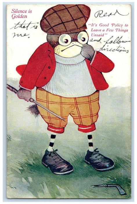 1913 Anthropomorphic Toad Golf Silence Is Golden Quincy Illinois IL Postcard