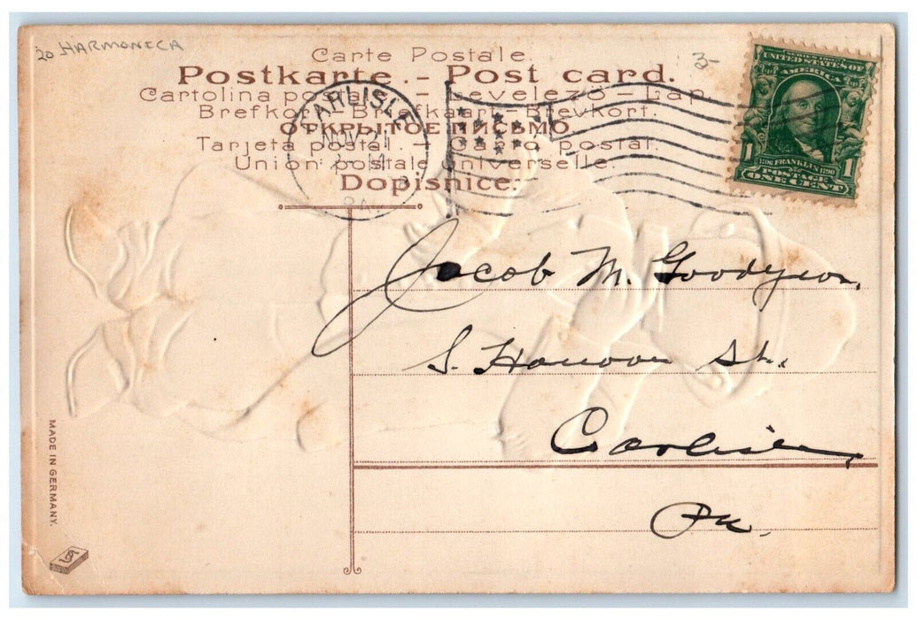 1908 Boy Harmonica Carlisle Pennsylvania PA Embossed Posted Antique Postcard