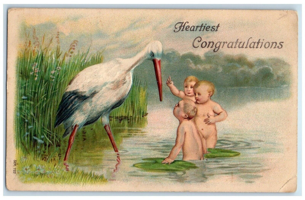 c1910s Heartiest Congratulations Stork Triplets Babies Embossed Antique Postcard