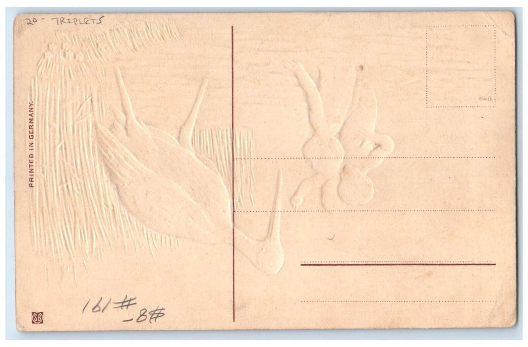 c1910s Heartiest Congratulations Stork Triplets Babies Embossed Antique Postcard