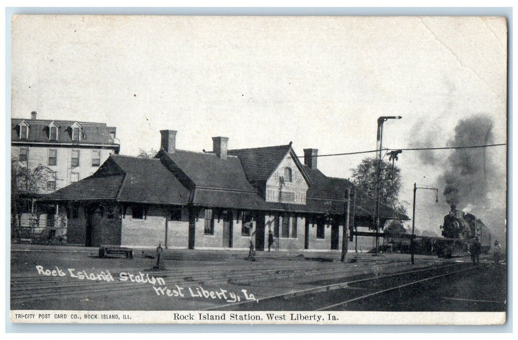 1908 Exterior Rock Island Station Locomotive Train West Liberty Iowa IA Postcard