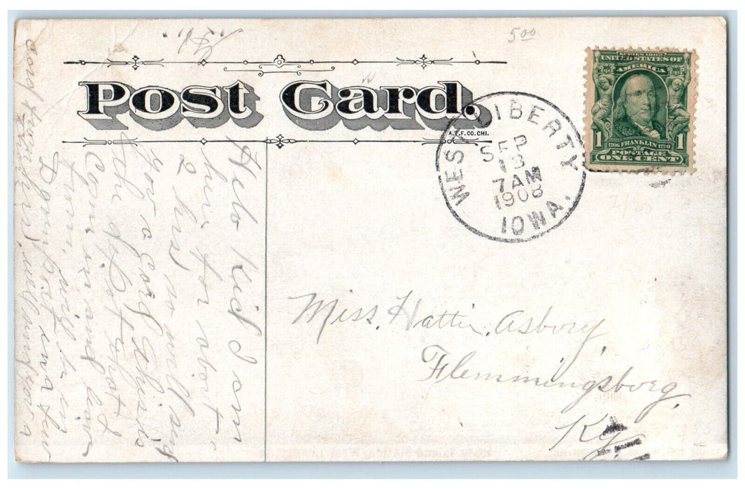1908 Exterior Rock Island Station Locomotive Train West Liberty Iowa IA Postcard