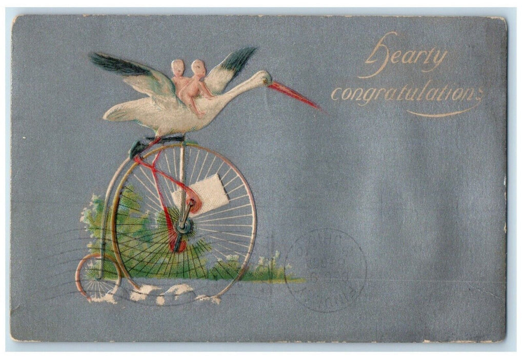 1910 Hearty Congratulations Stork Twin Babies Bicycle Embossed Antique Postcard