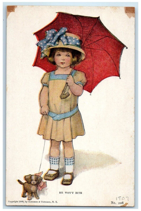 c1910's Girl Holding Umbrella Dog Puppy He Won't Bites Antique Postcard
