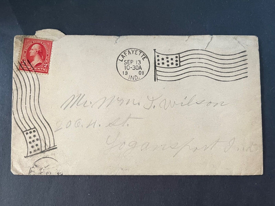 1901 Mr. Wilson Lafayette Indiana To Logansport Flag Cancel 2 Cent Cover