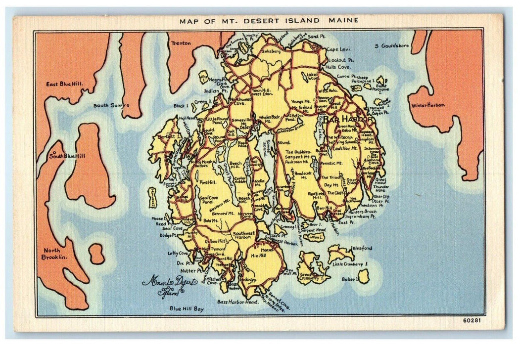 c1940 Map Of Mount Desert Island Indicated Places Harbor Cove Maine ME Postcard