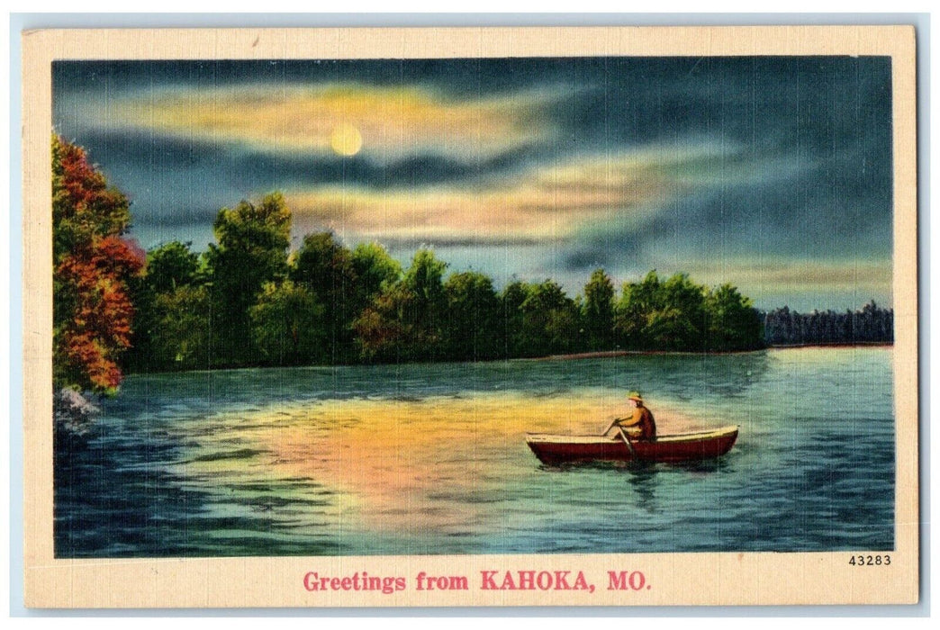 c1940 Greetings From Moon Night Canoe Boat Kahoka Missouri MO Vintage Postcard