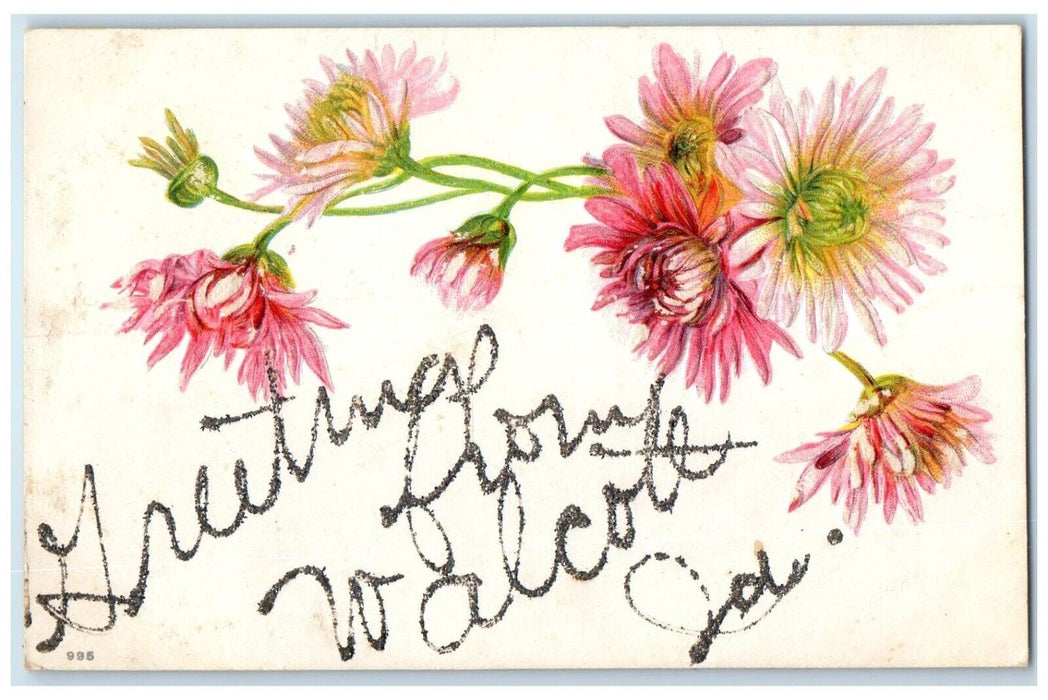 c1910 Greetings From Flowers Embossed Walcott Iowa IA Vintage Antique Postcard