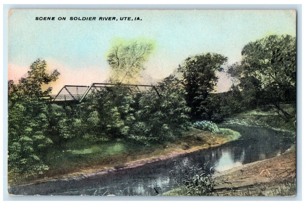 c1910 Scene Soldier River Lake Bridge Trees Ute Iowa IA Vintage Antique Postcard